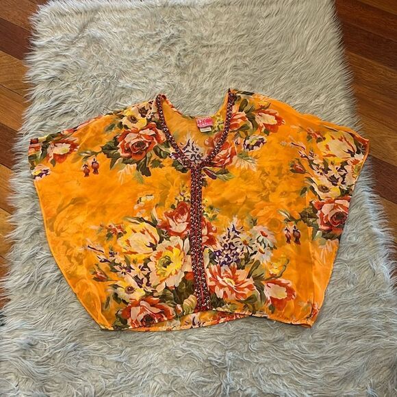 Free People Tops - Free people vintage orange sheer floral sequin flowy top size small